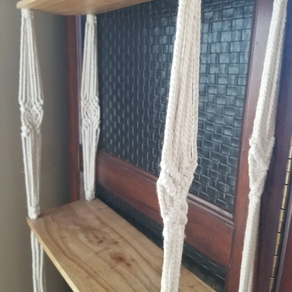 Macramé Two Shelf Wood Plant Hanger Boho Decor - Picture 3 of 8